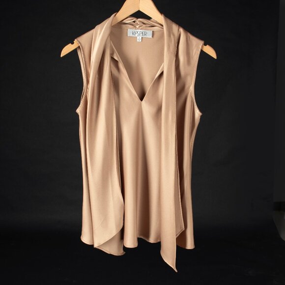 Satin Metallic Champagne Gold Tie Front Sleeveless V-Neck Blouse - Picture 2 of 10